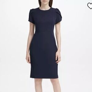 Calvin Klein Navy Blue Tulip Sleeve Stretch Crepe Sheath Dress Size 6